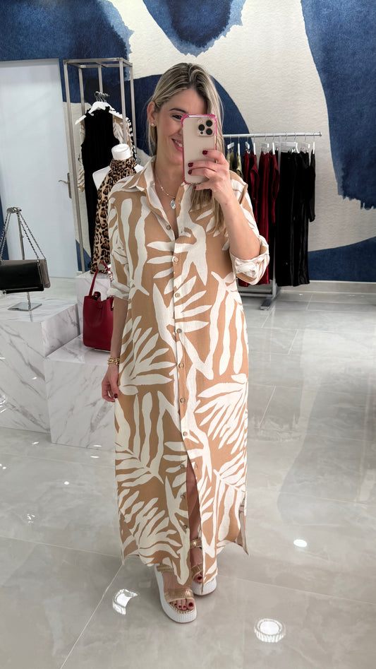 Leaf Button Down Maxi Dress Taupe