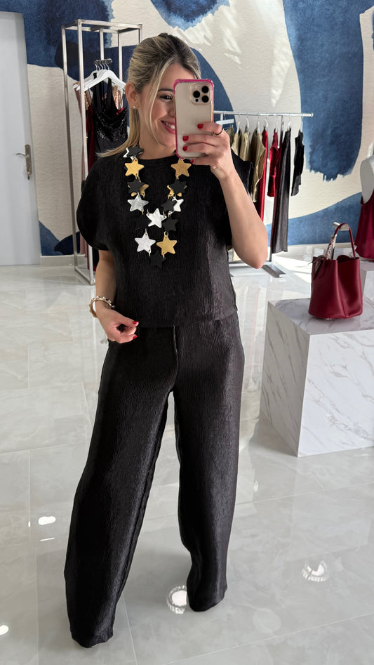 Textured Top & High Waist Pant BLK