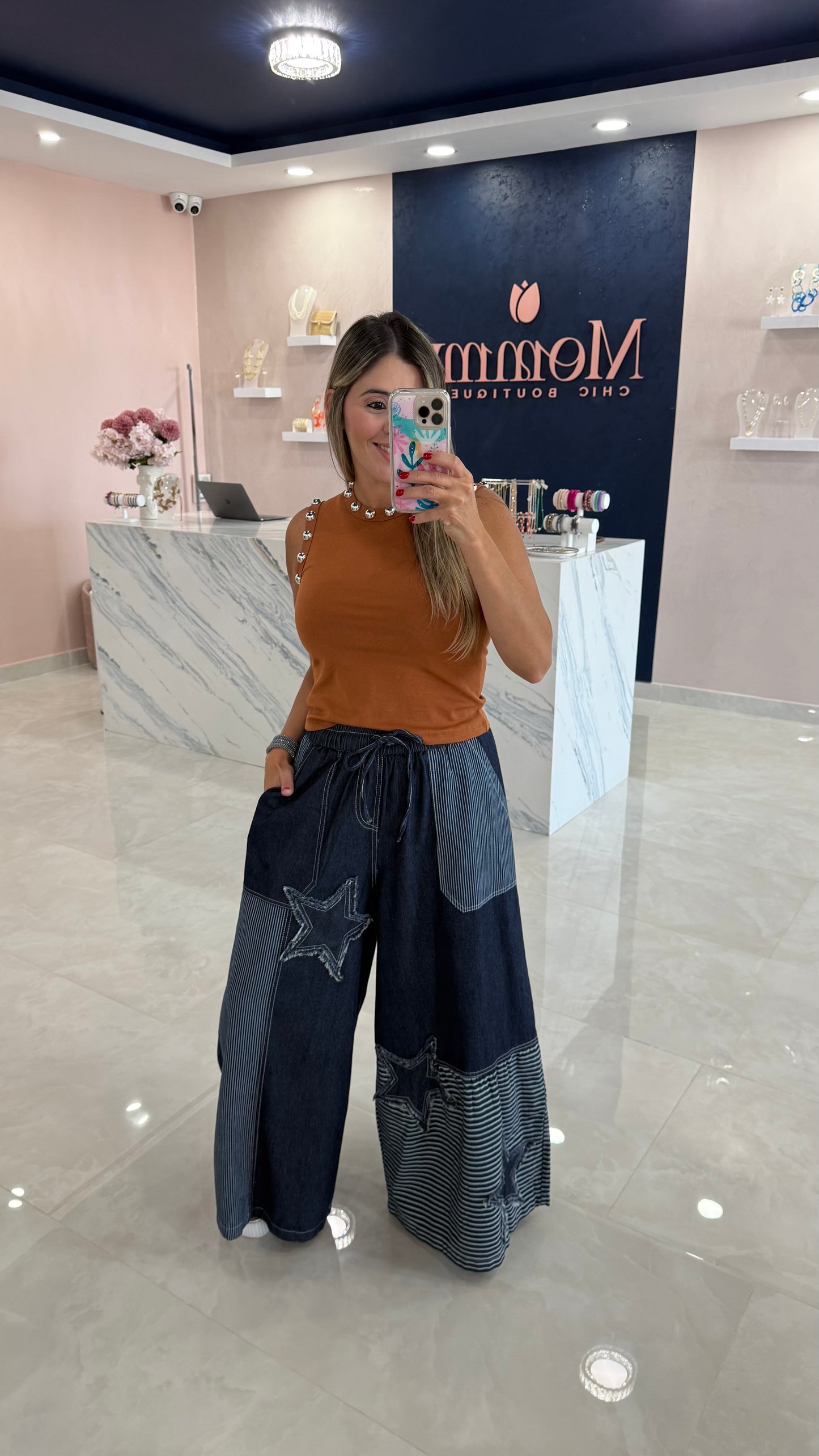 Lightweight Denim Wide Leg Star Patch