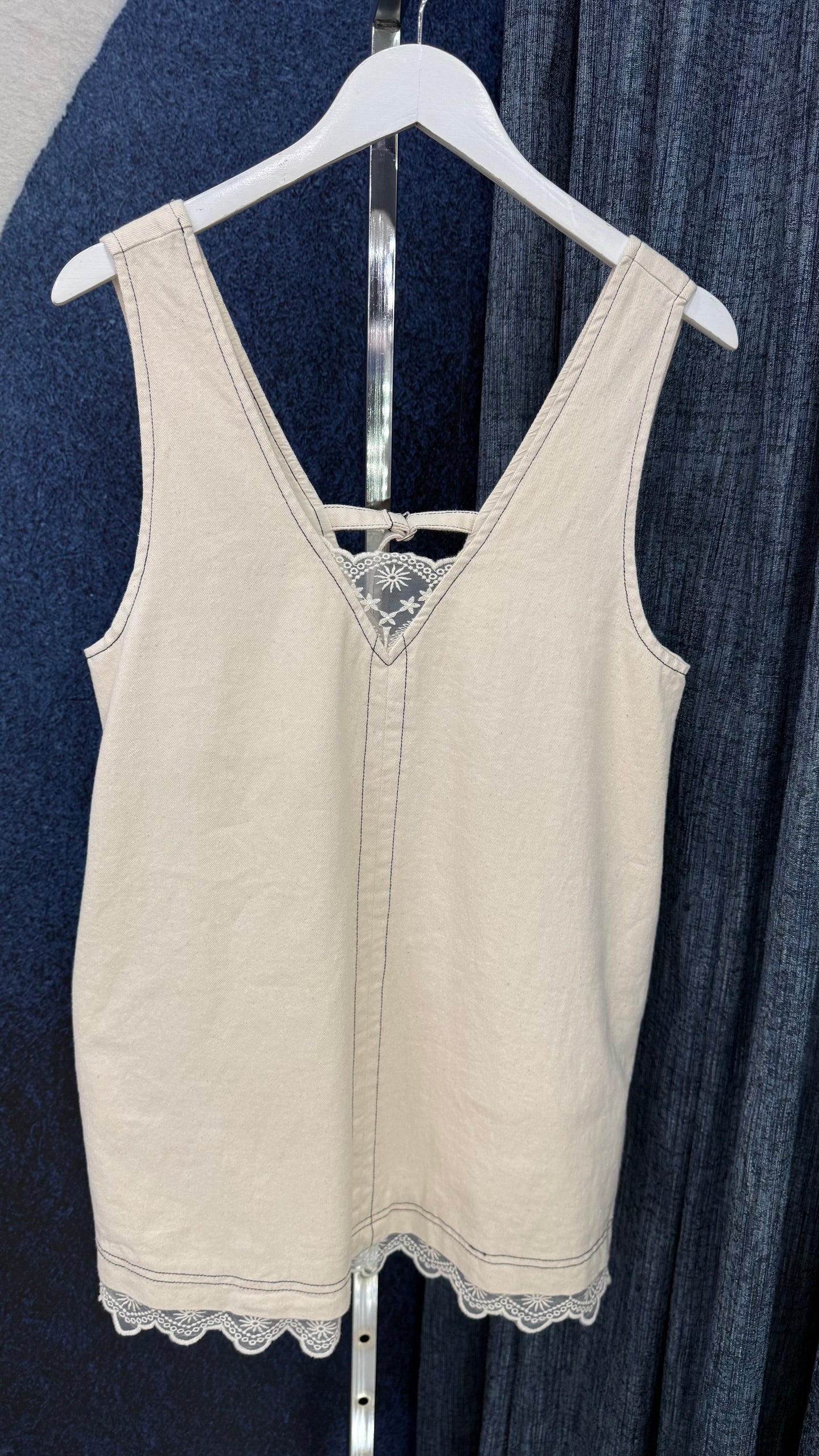 V Neck Denim Dress With Lace Cream