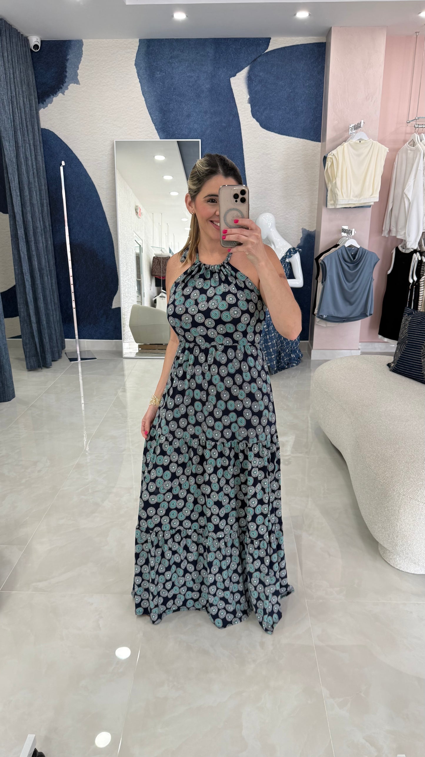 Halter Neck Maxi Dress Navy/Aqua