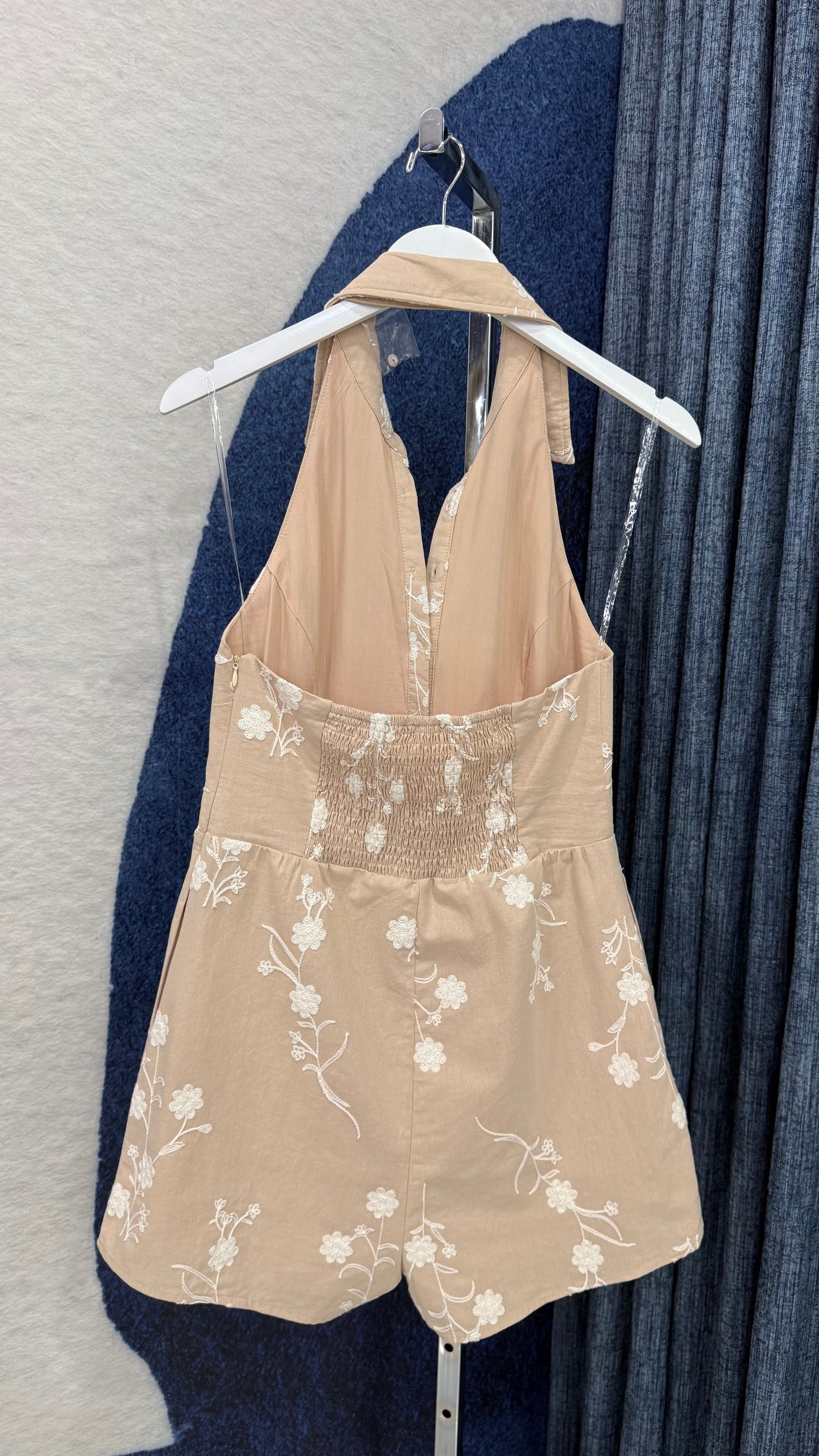 Embroidery Halter Romper Taupe