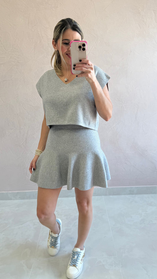 Sleeveless V Neck Sweater Top & Skirt Gray