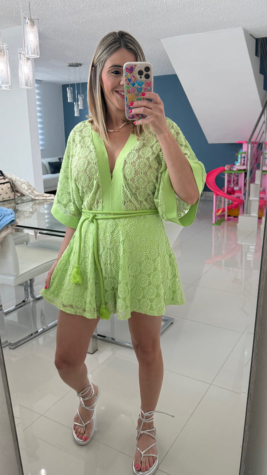 Crochet & Lace Romper Lime