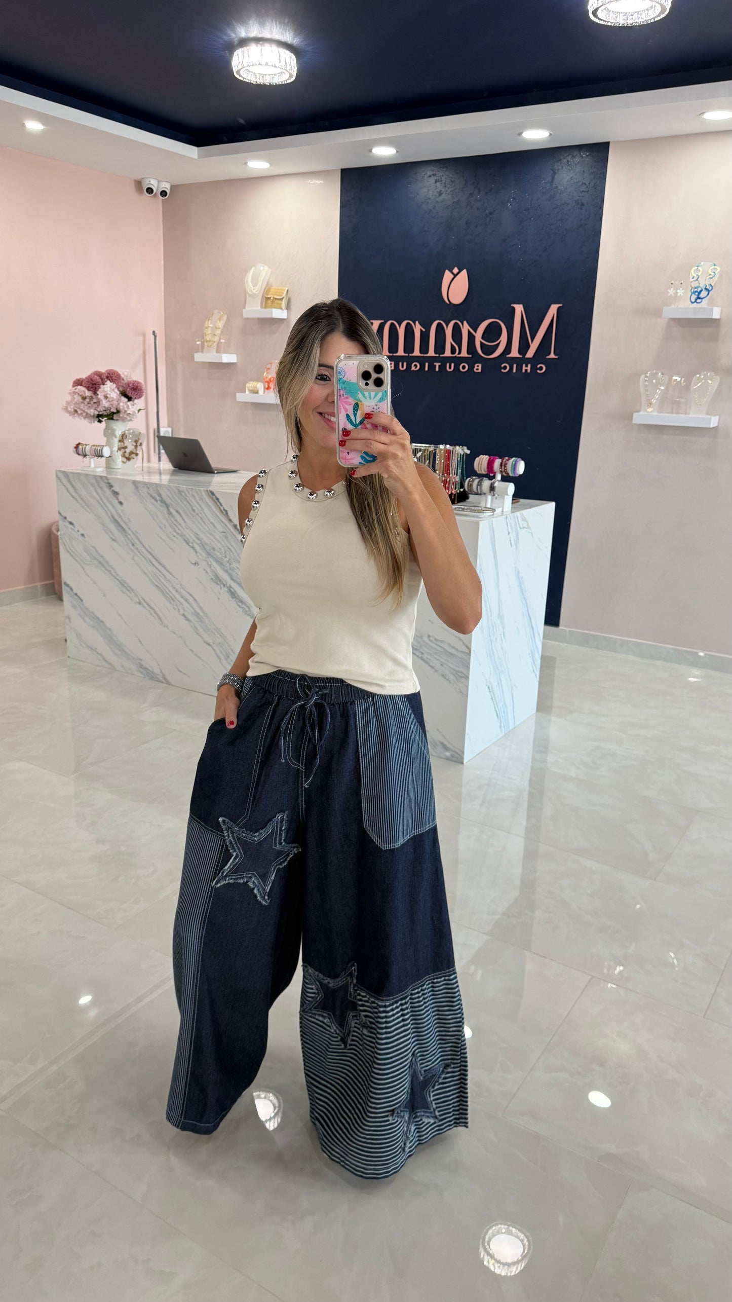 Lightweight Denim Wide Leg Star Patch