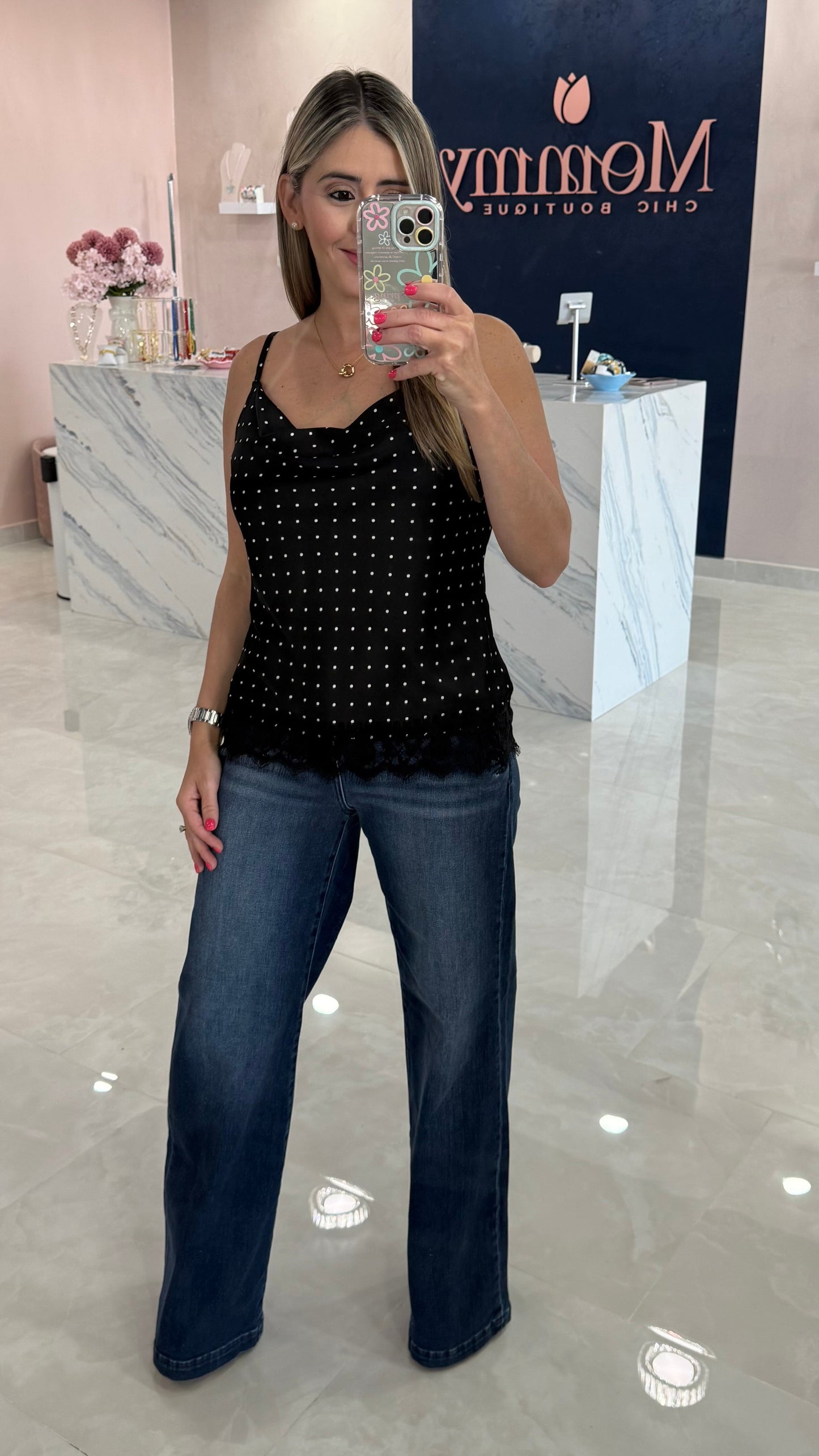 Polka Dots Satin Top Black