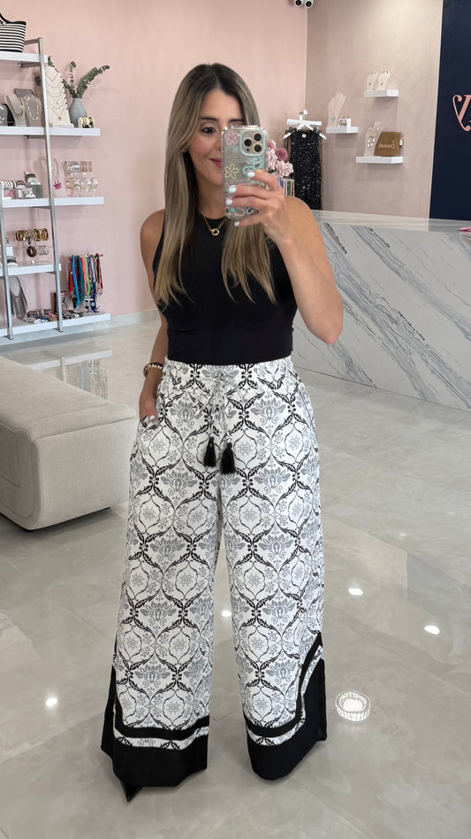 Printed Wide Leg Pant Black