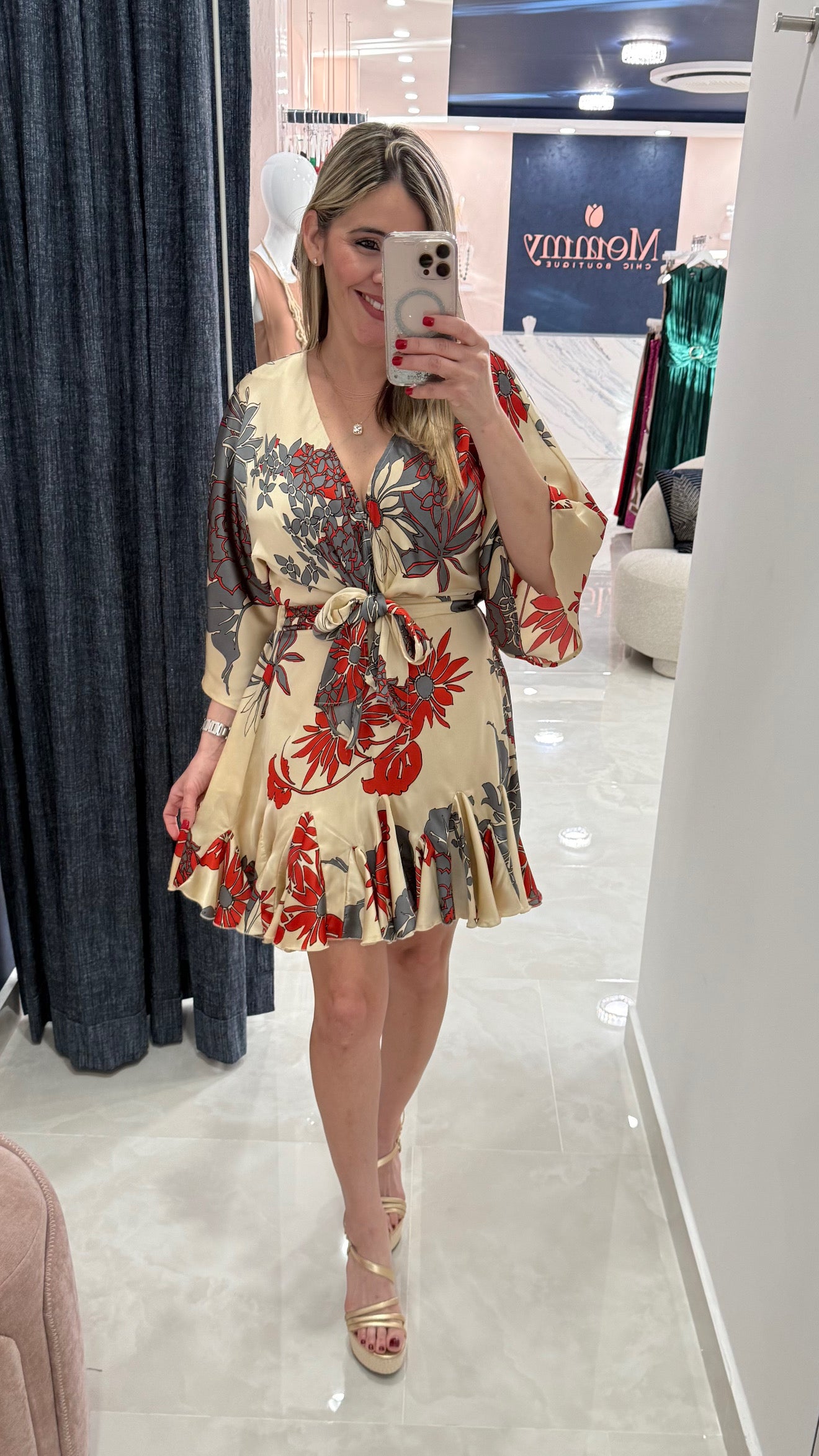 Kimono Sleeve Printed Satin Dress