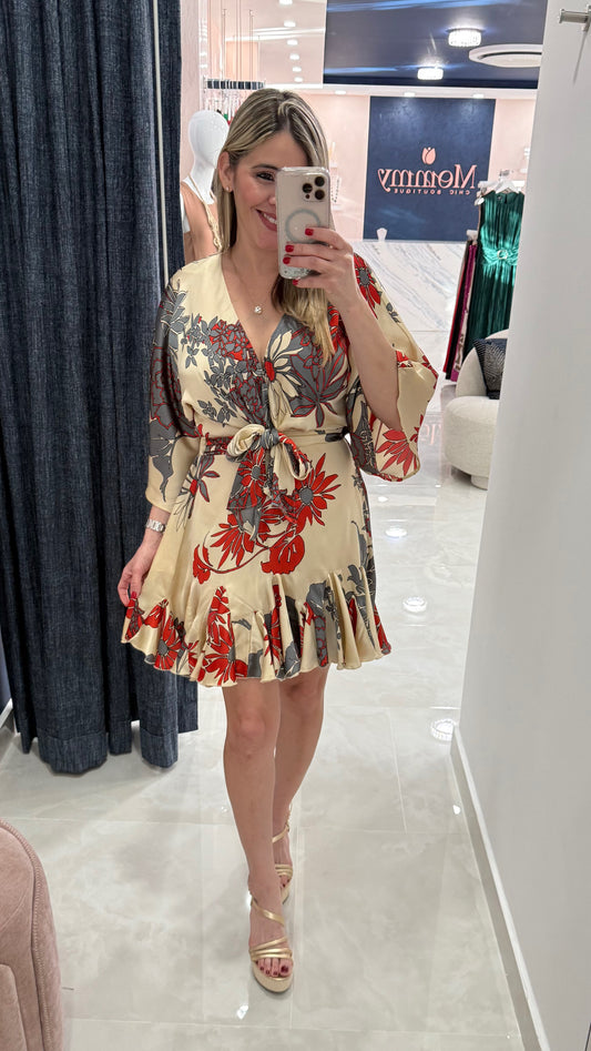 Kimono Sleeve Printed Satin Dress