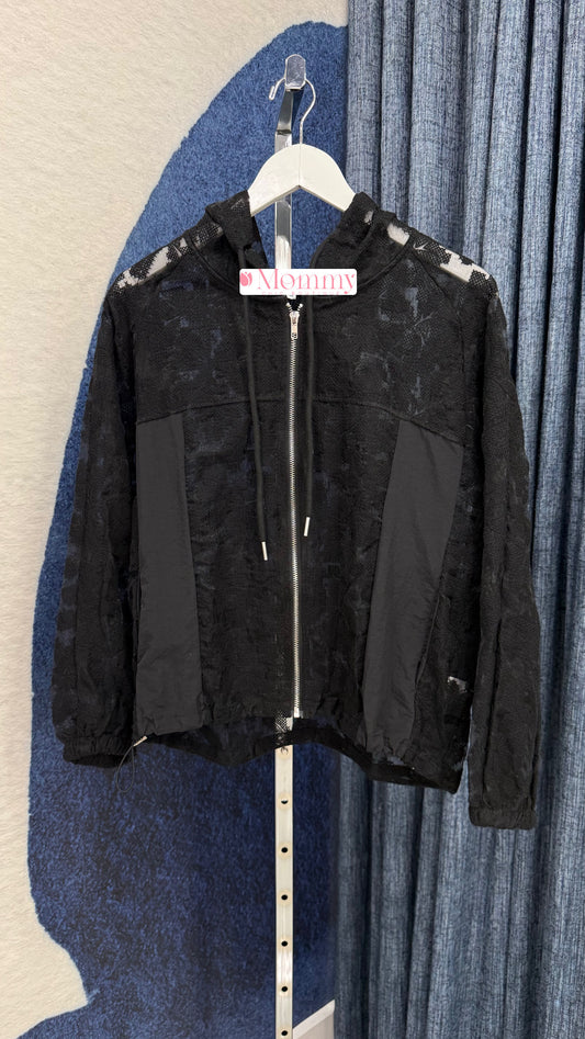 Sheer Embroidery Lace Hooded Jacket BLk One Size