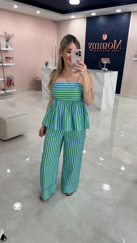 Stripped Peplum Top & Pant Green / Blue