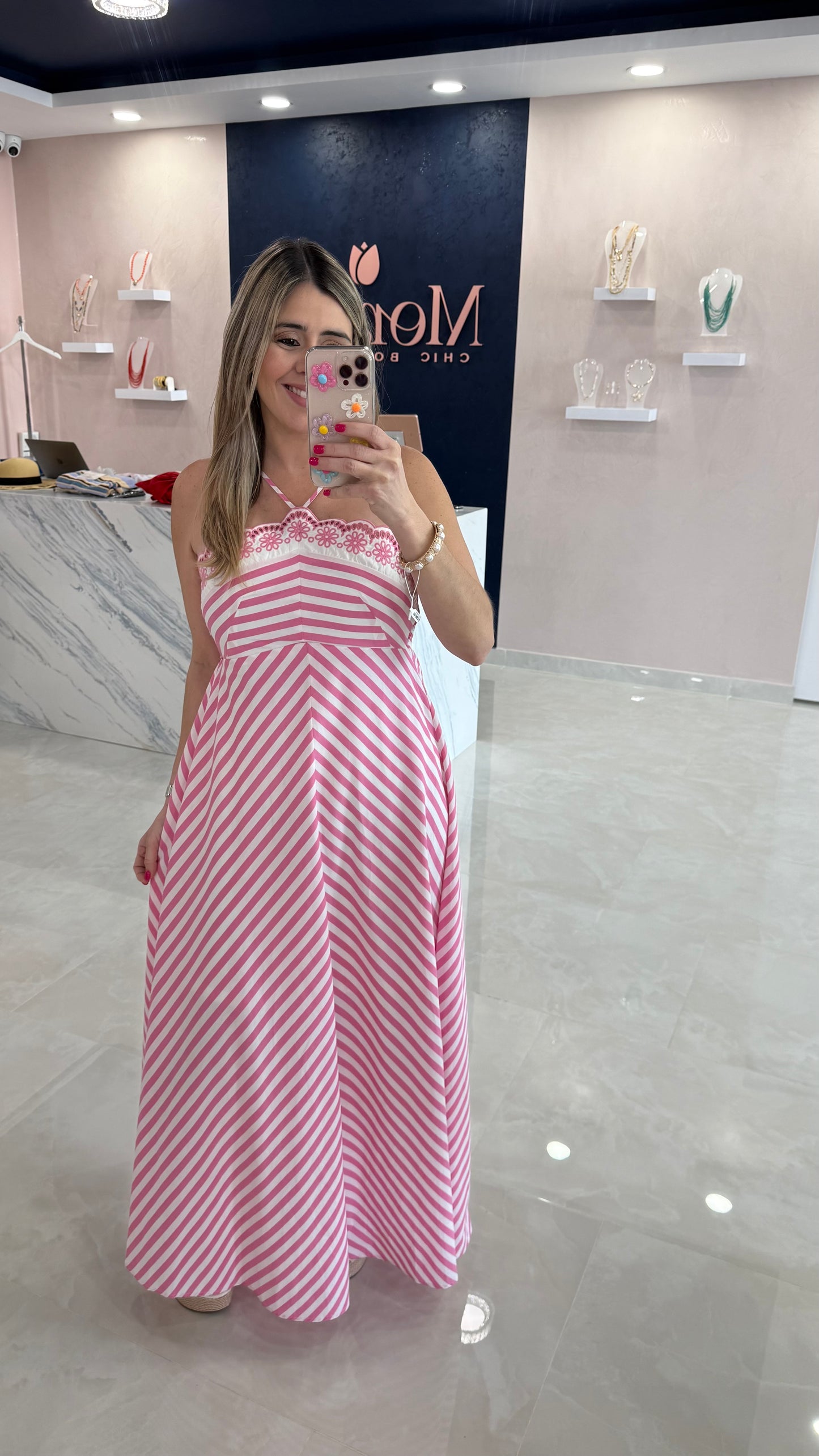 Embroidery Stripe Maxi Dress Pink