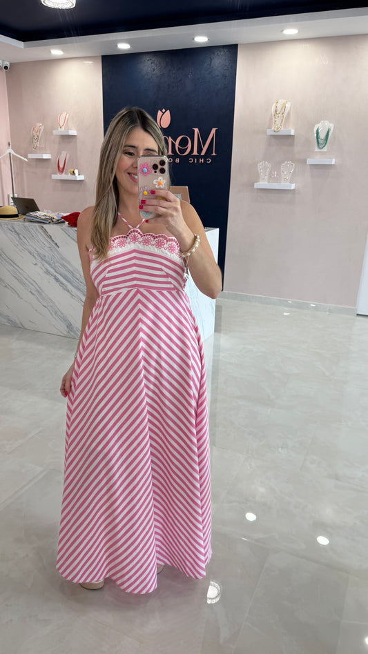 Embroidery Stripe Maxi Dress Pink
