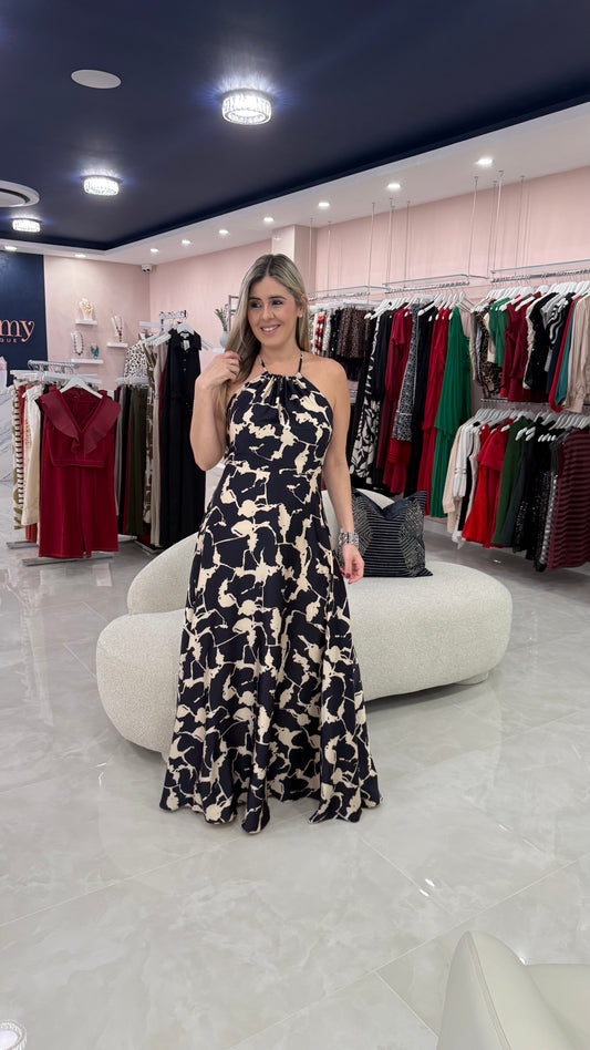 Halter Printed Navy Maxi Dress