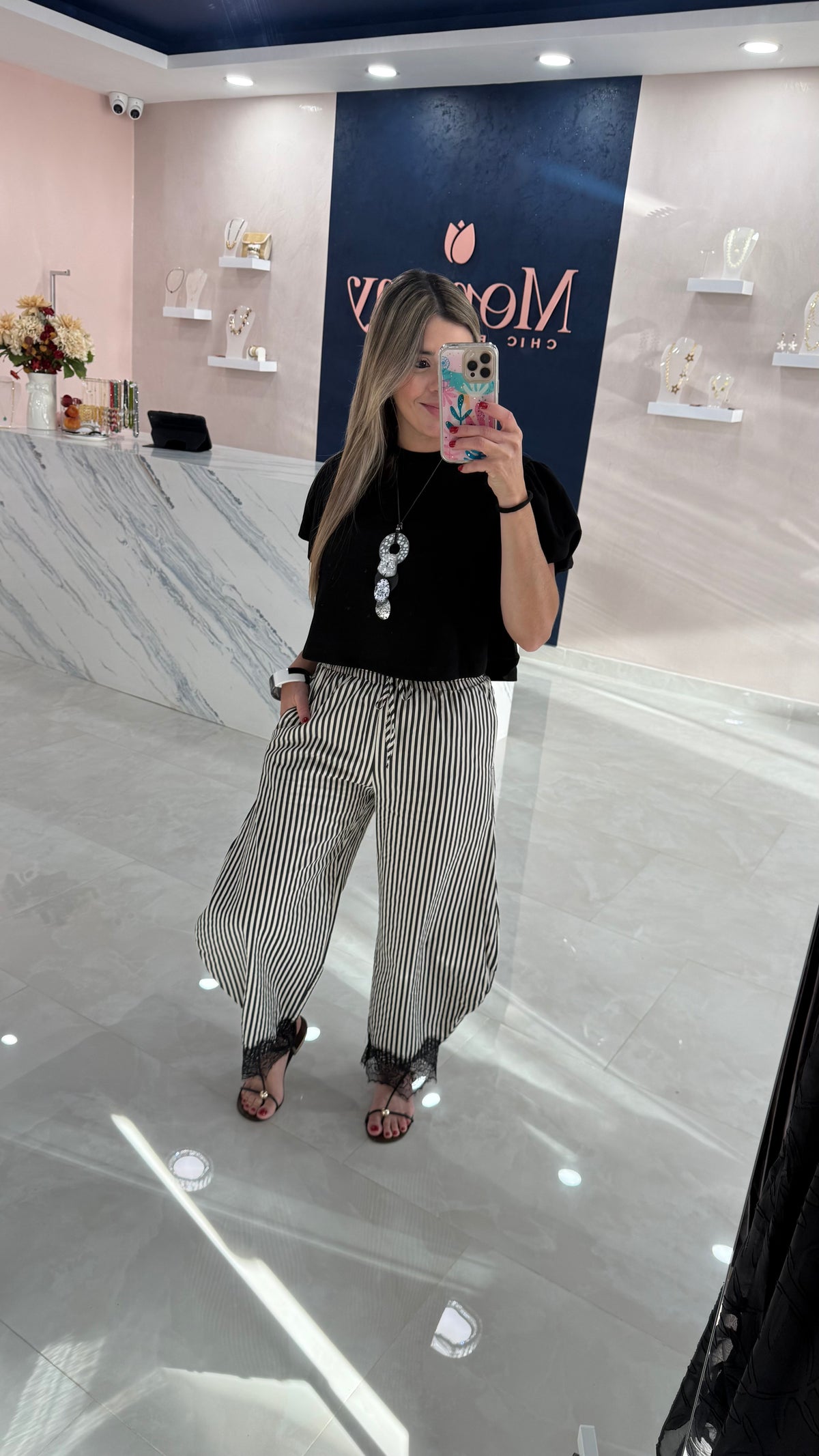 Stripe Barrel Pant With Lace Black