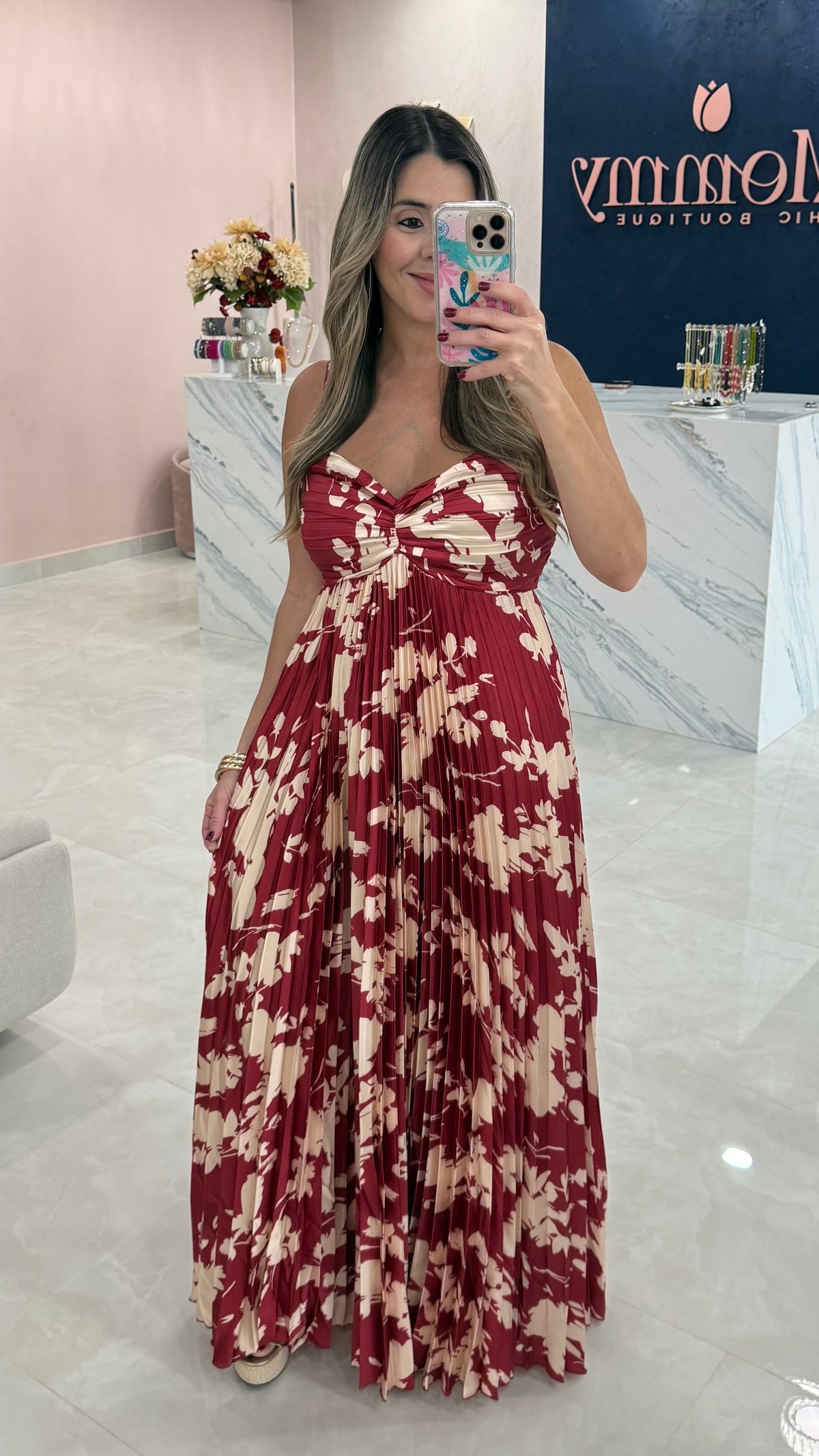 Pleated Satin Printed Maxi Dress
