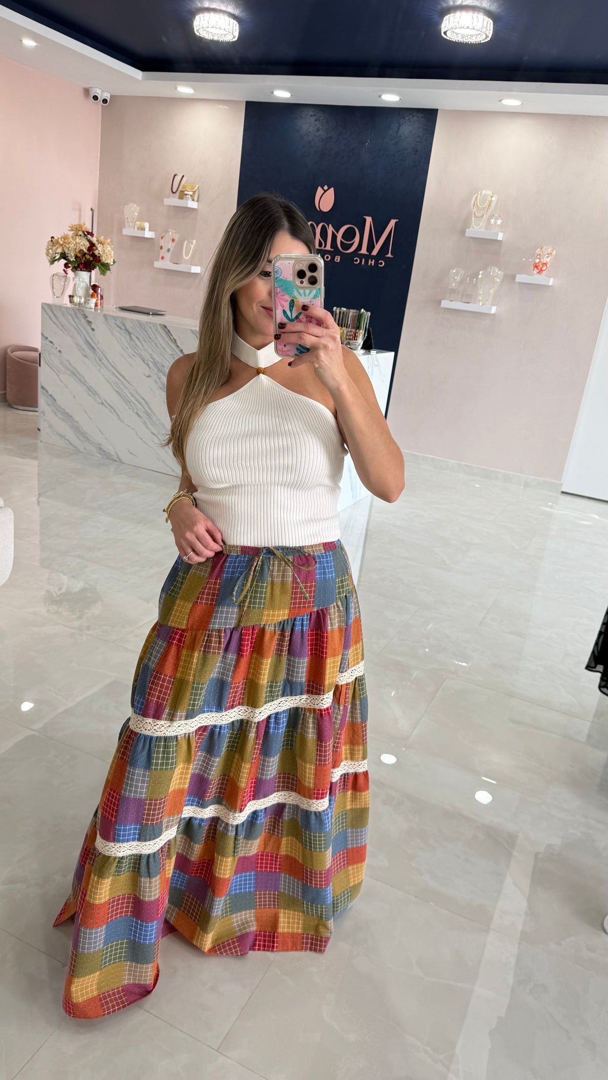 Plaid Skirt With Embroidery Detail