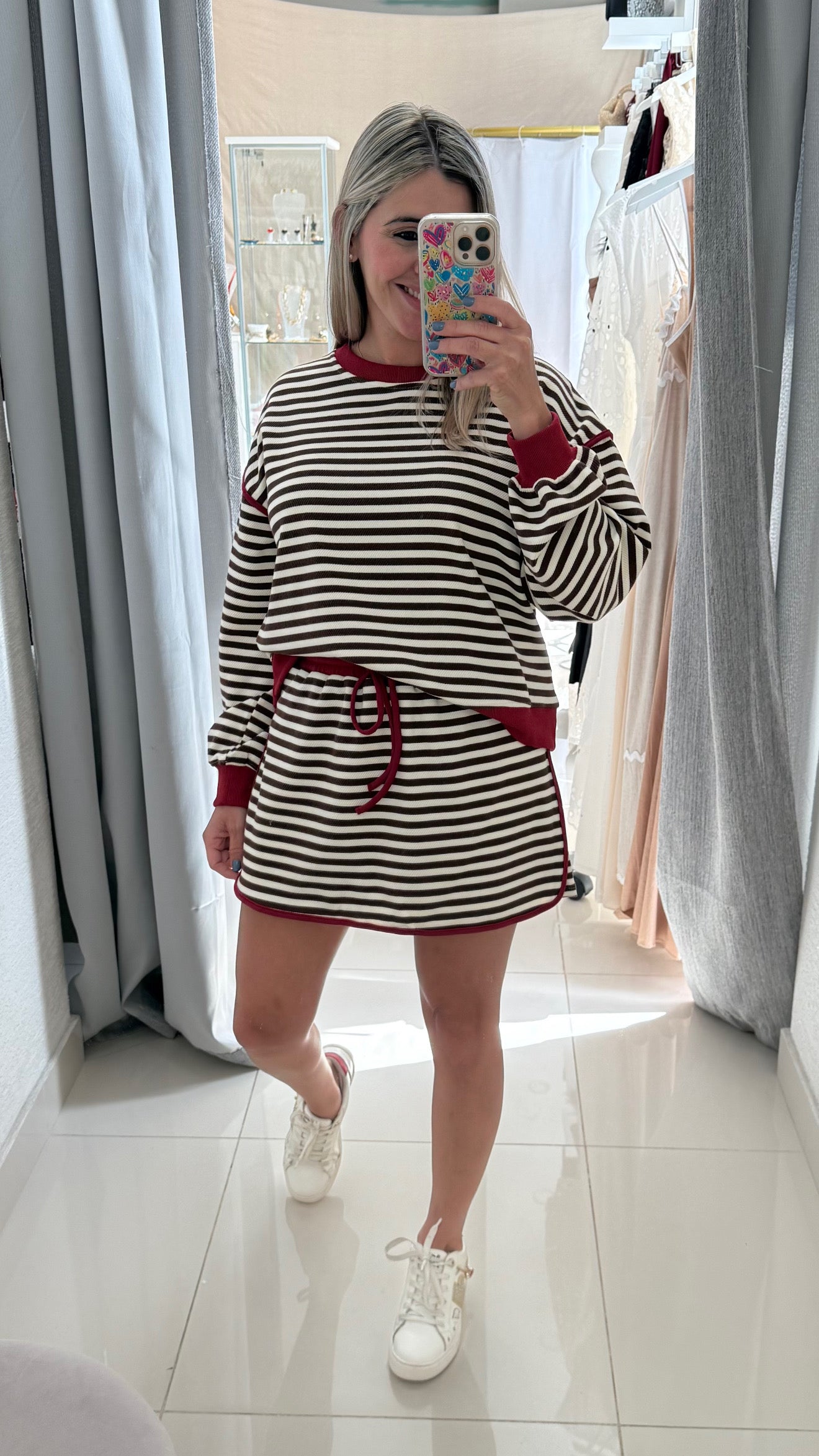 Stripped Long Sleeve Top & Skort Set Brick