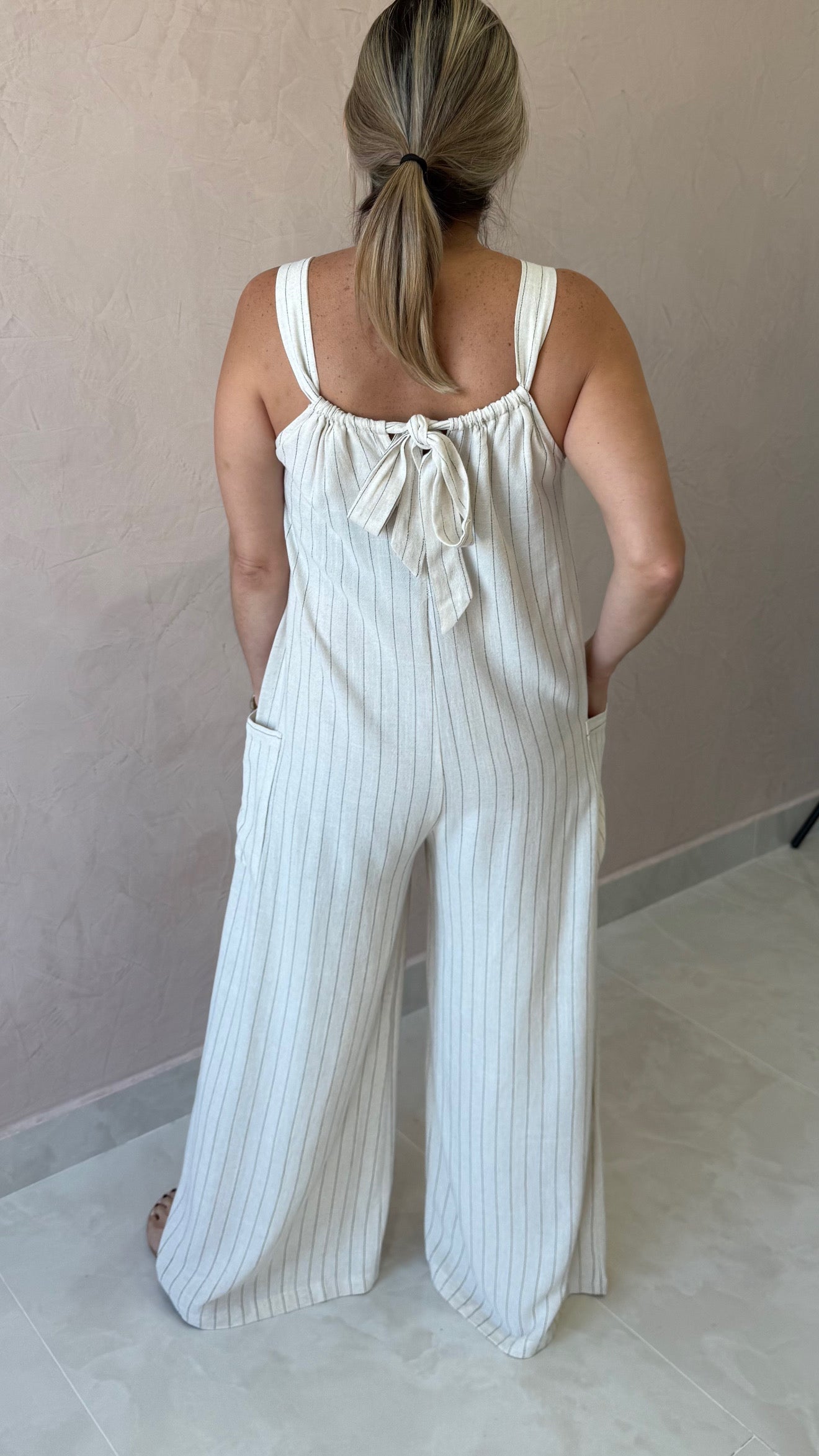Striped Linen & Rayon Jumpsuit Natural