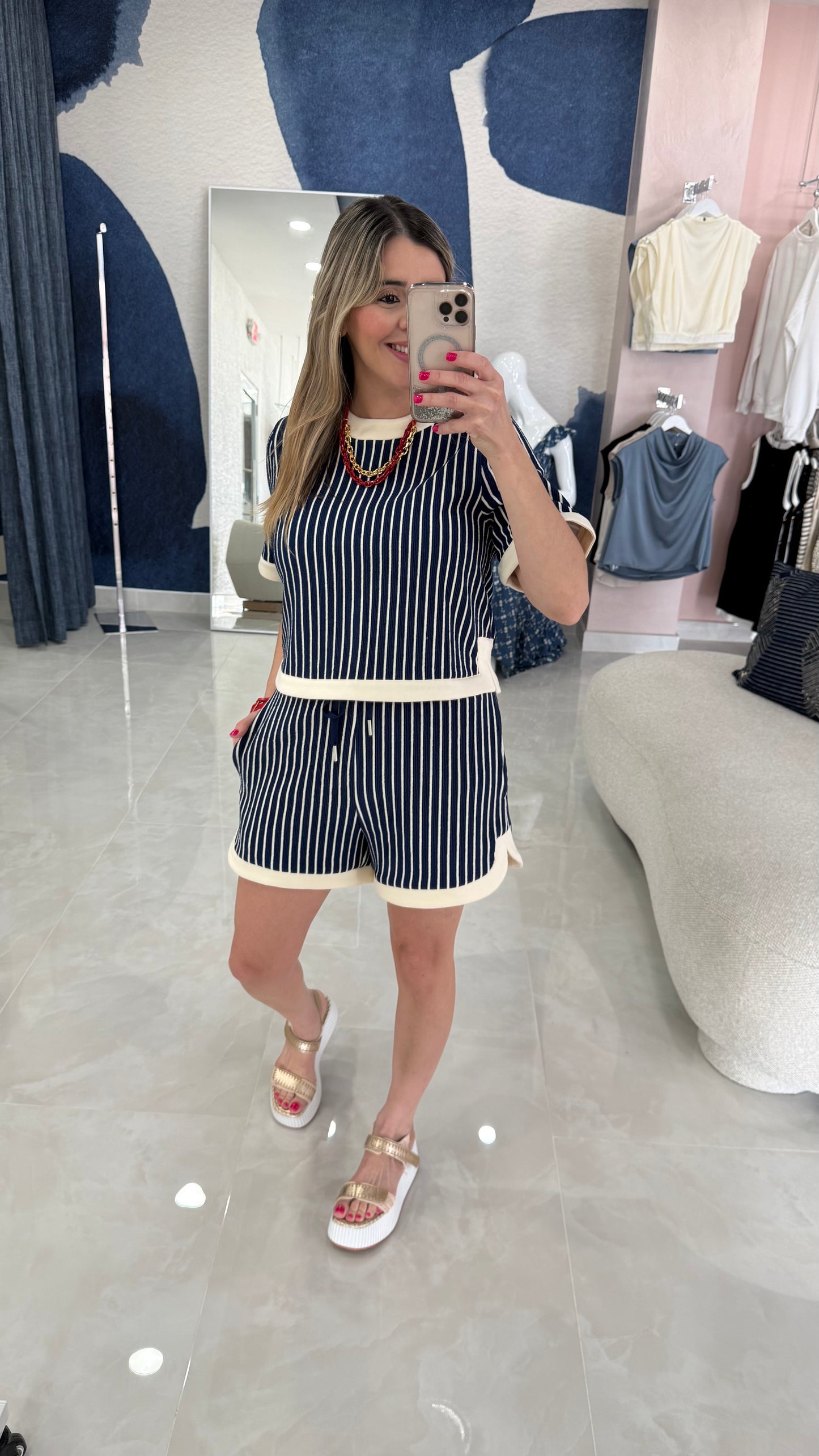 Stripe Top & Short Set Navy