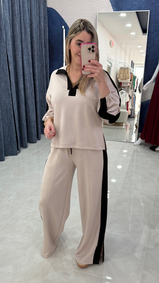 Long Sleeve Contrast Top & Pant Stone/Black