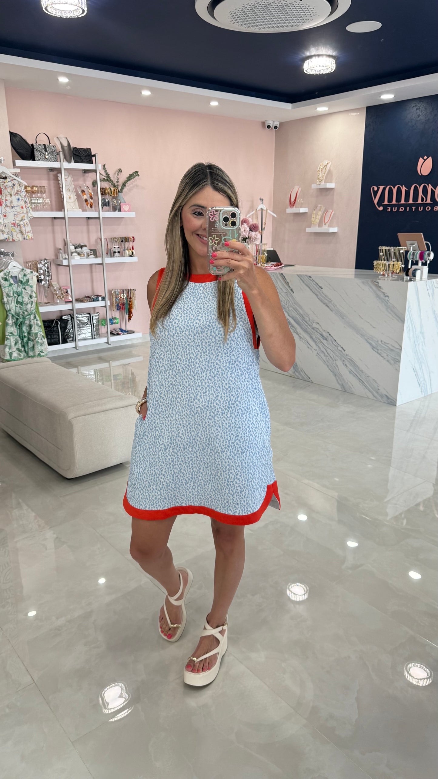 Printed & Contrast Dress Blue / Orange