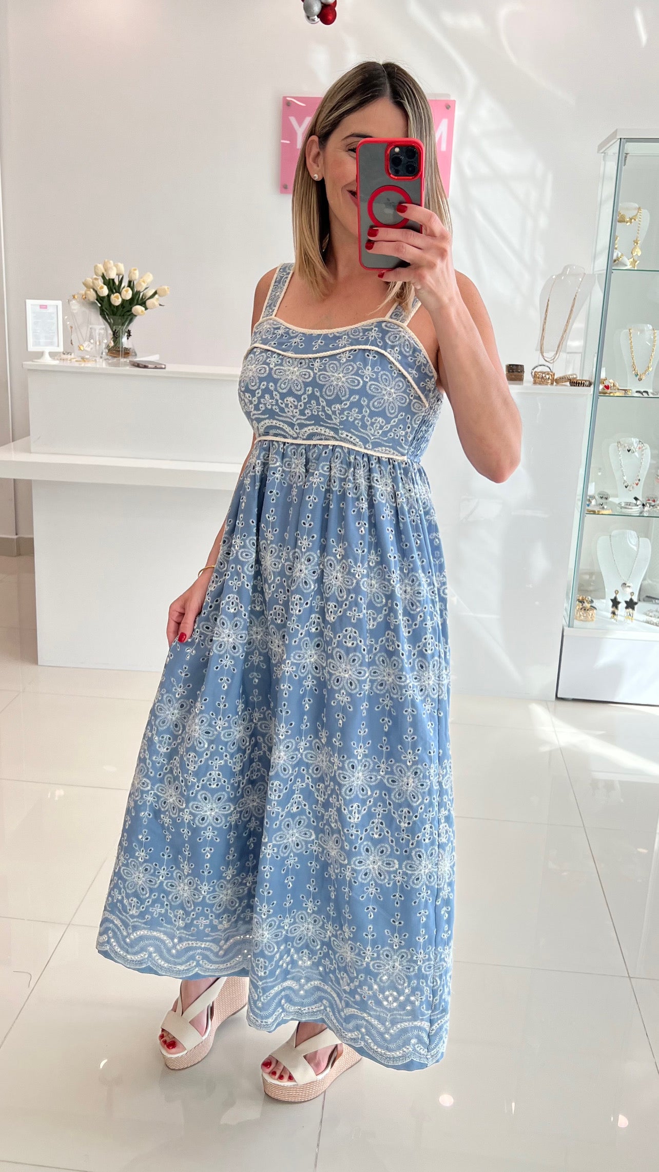 Embroidery Maxi Dress Blue