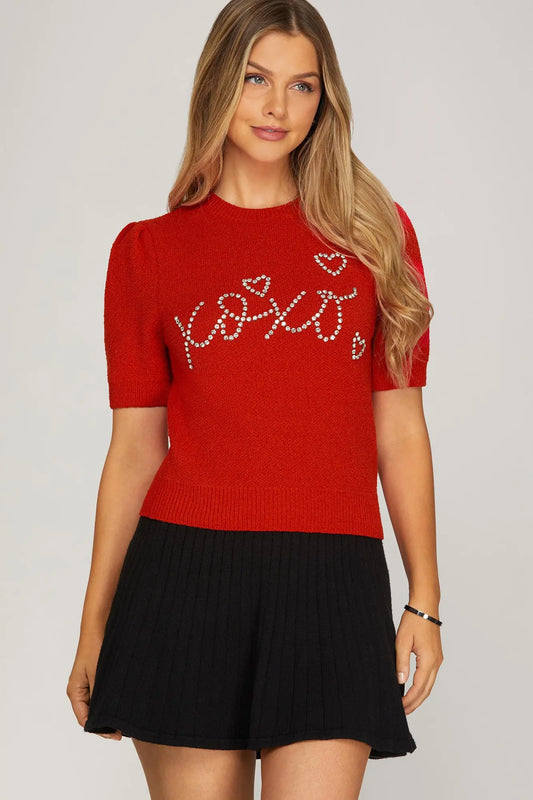XOXO Rhinestone Sweater Top Red