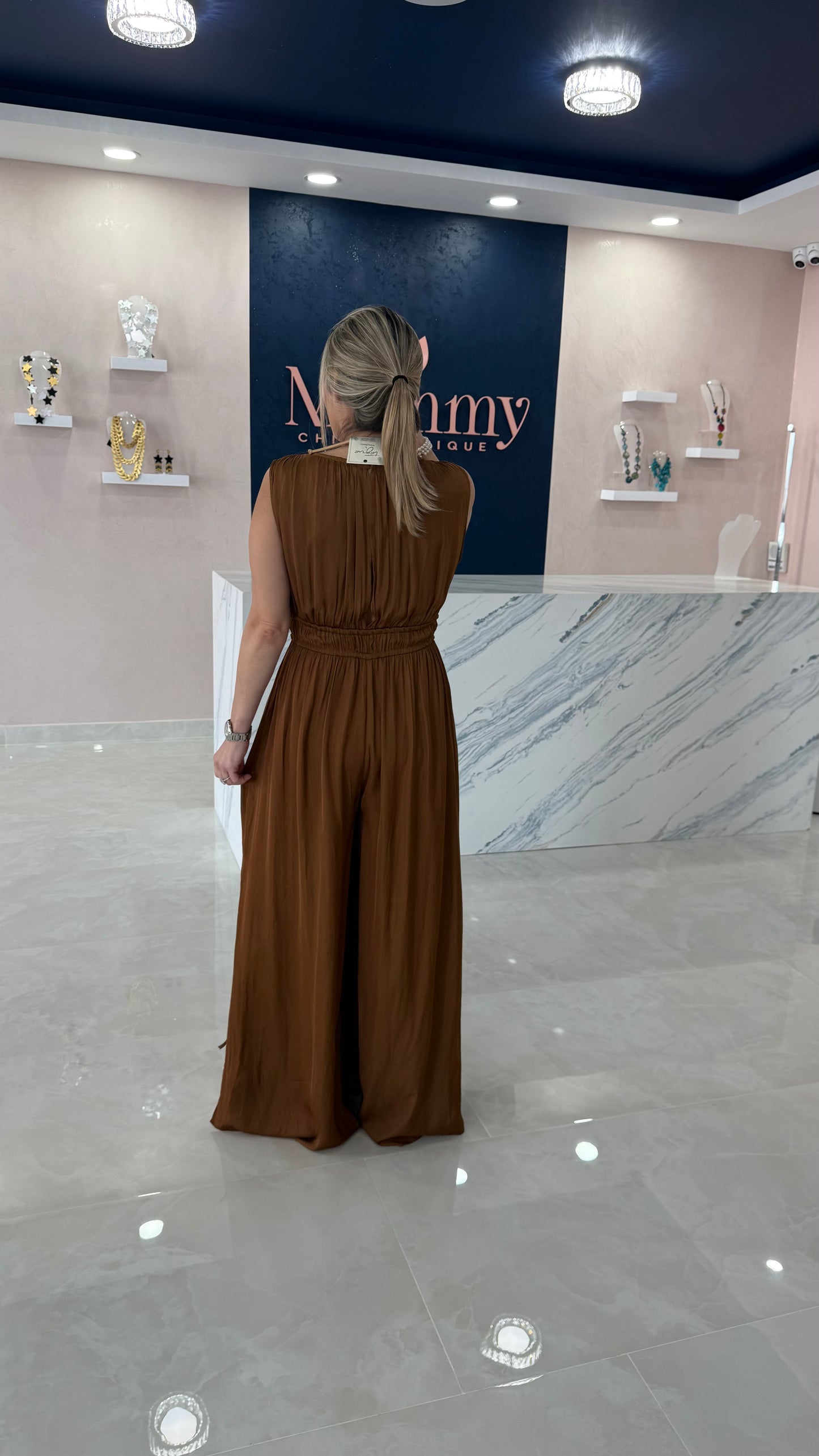 V Neck Jumpsuit Camel