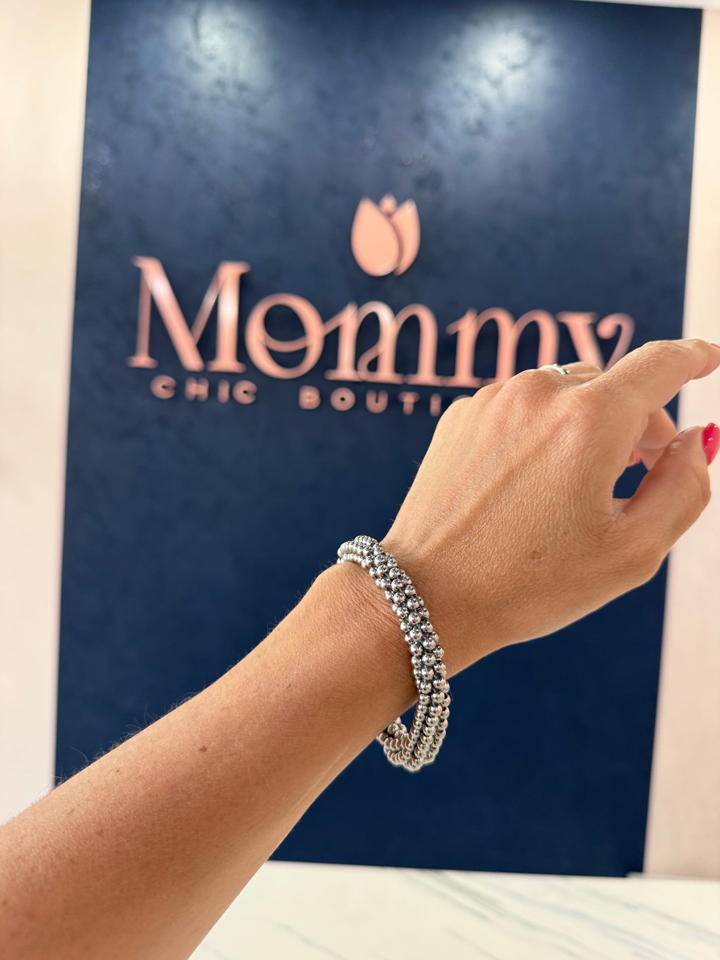 Beaded Elastic Bracelet Silver