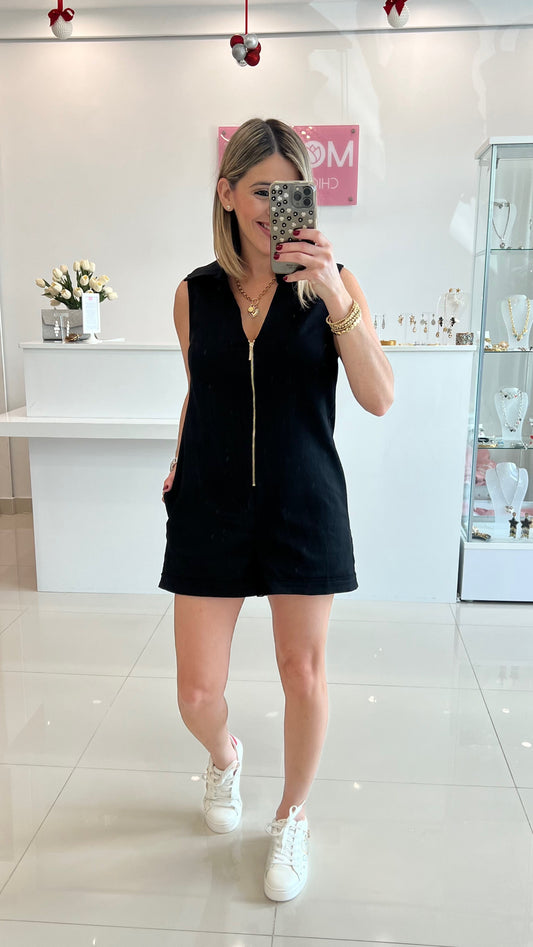 V Neck Denim Romper Black