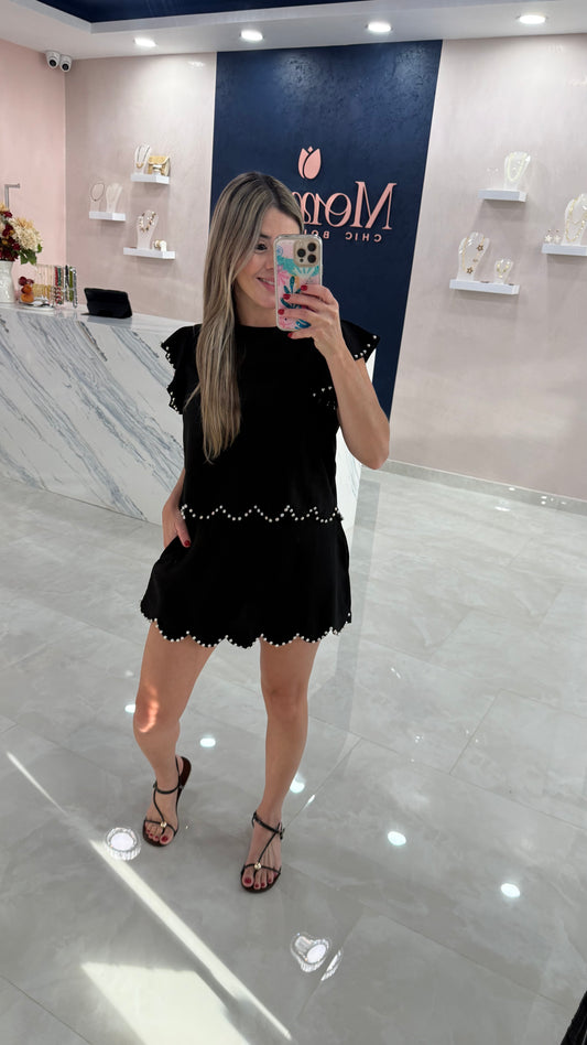 Scallop Stud Trim Top & Skort Set Black