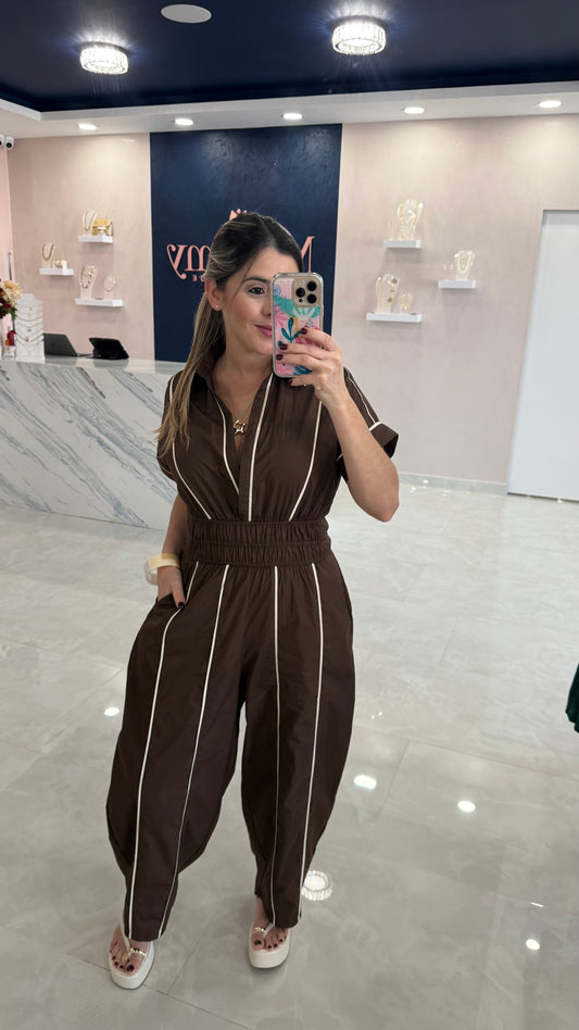 Contrast Barrel Jumpsuit Chocolate