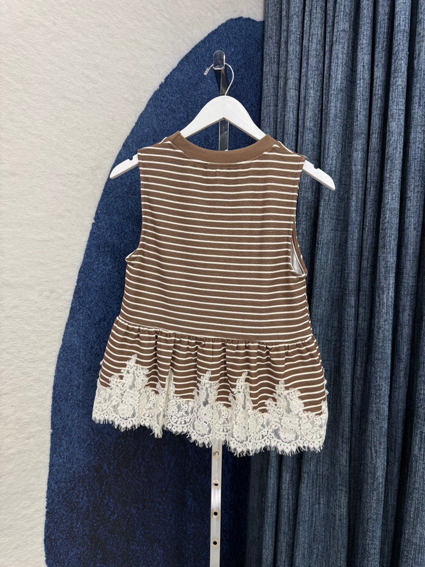 Stripe & Lace Peplum Top Brown
