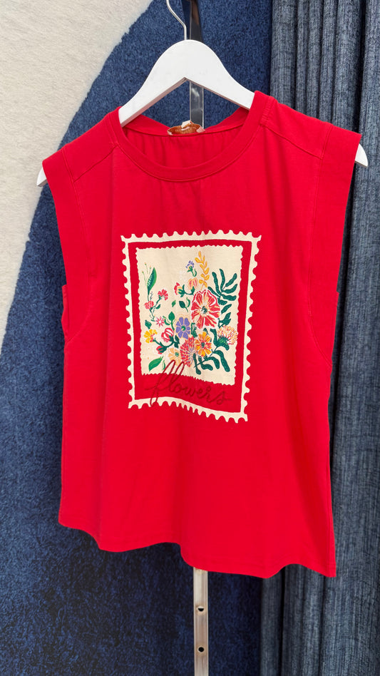 Flower Graphic Embroidered Top Red