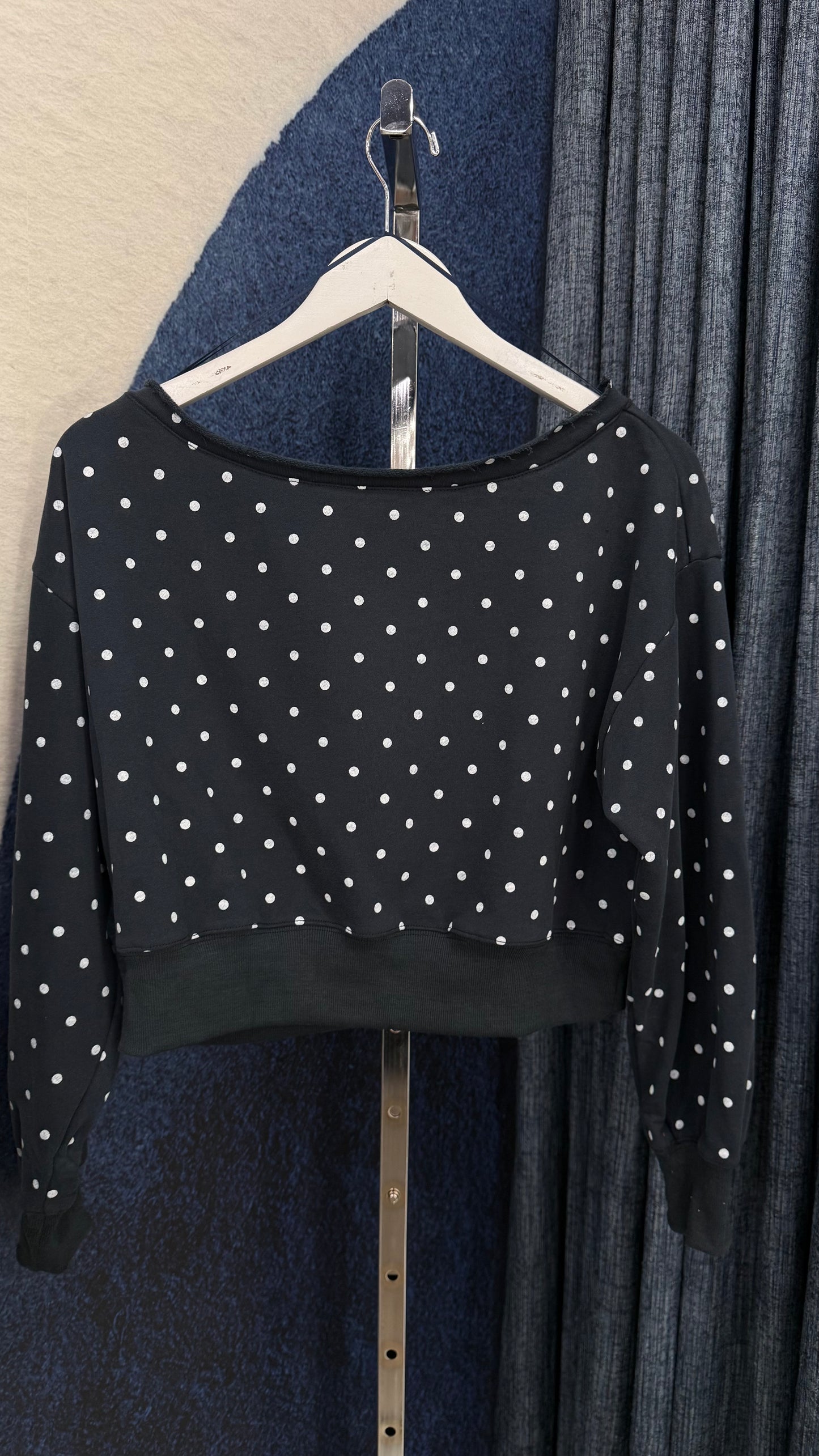Polka Dots Off Shoulder Sweatshirt Navy