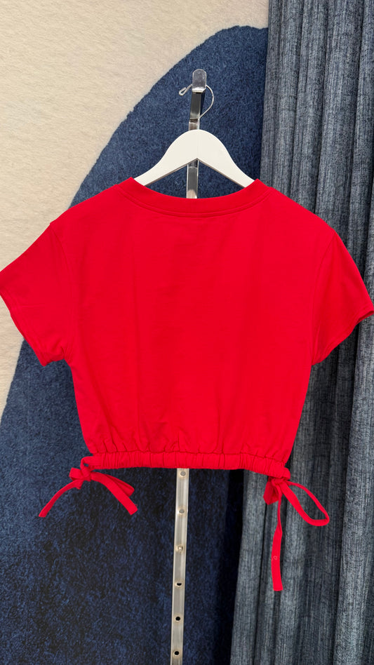 Drawstring Waist Cotton Top Red