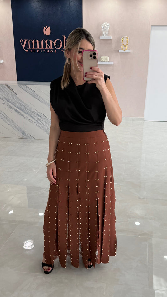 Studded Fringes & Lace Skirt Camel