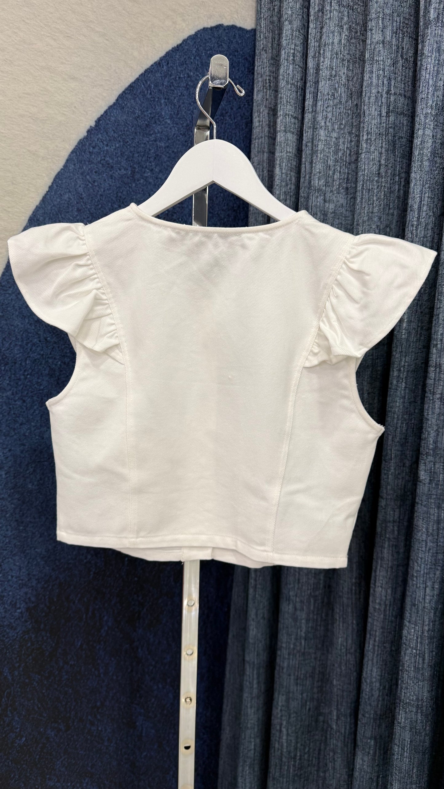 Ruffle Sleeve Denim Top White