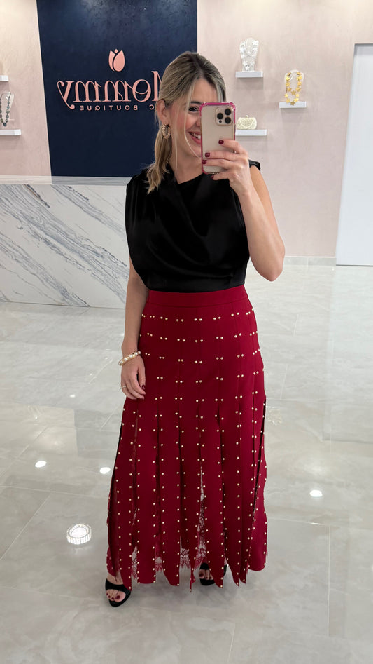 Studded Fringes & Lace Skirt Red