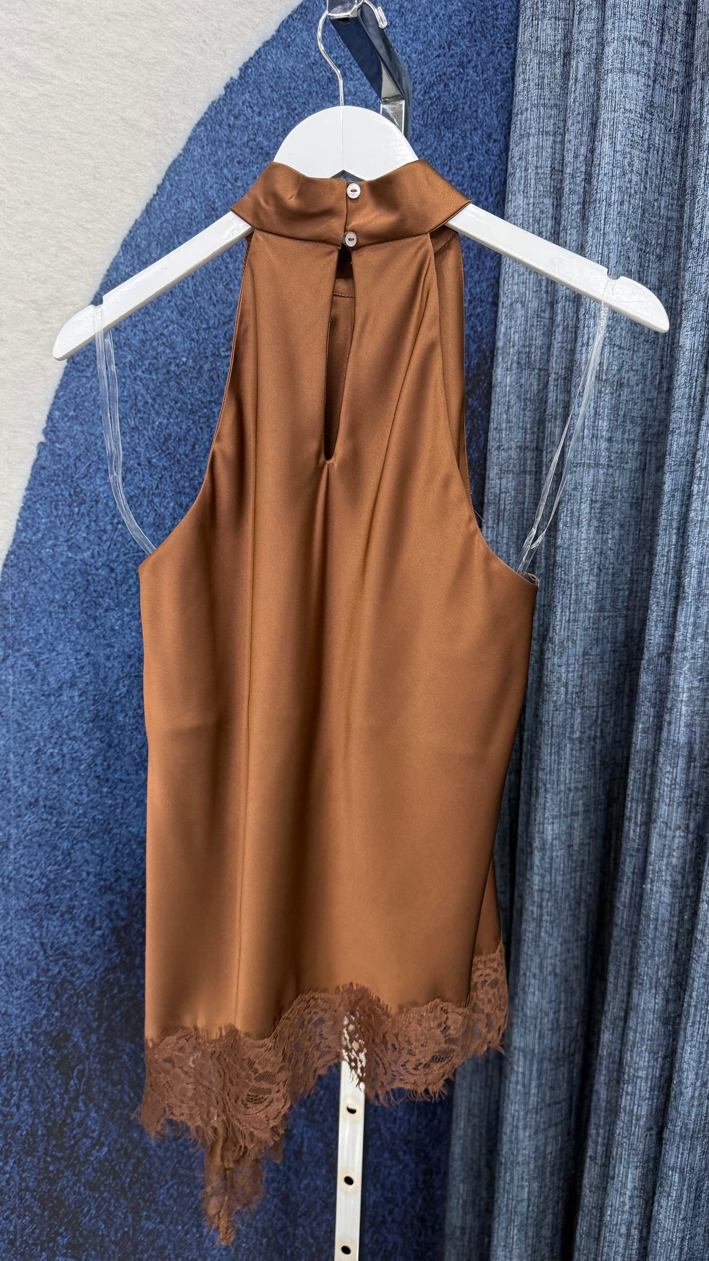 Asymmetric Satin & Lace Top Brown