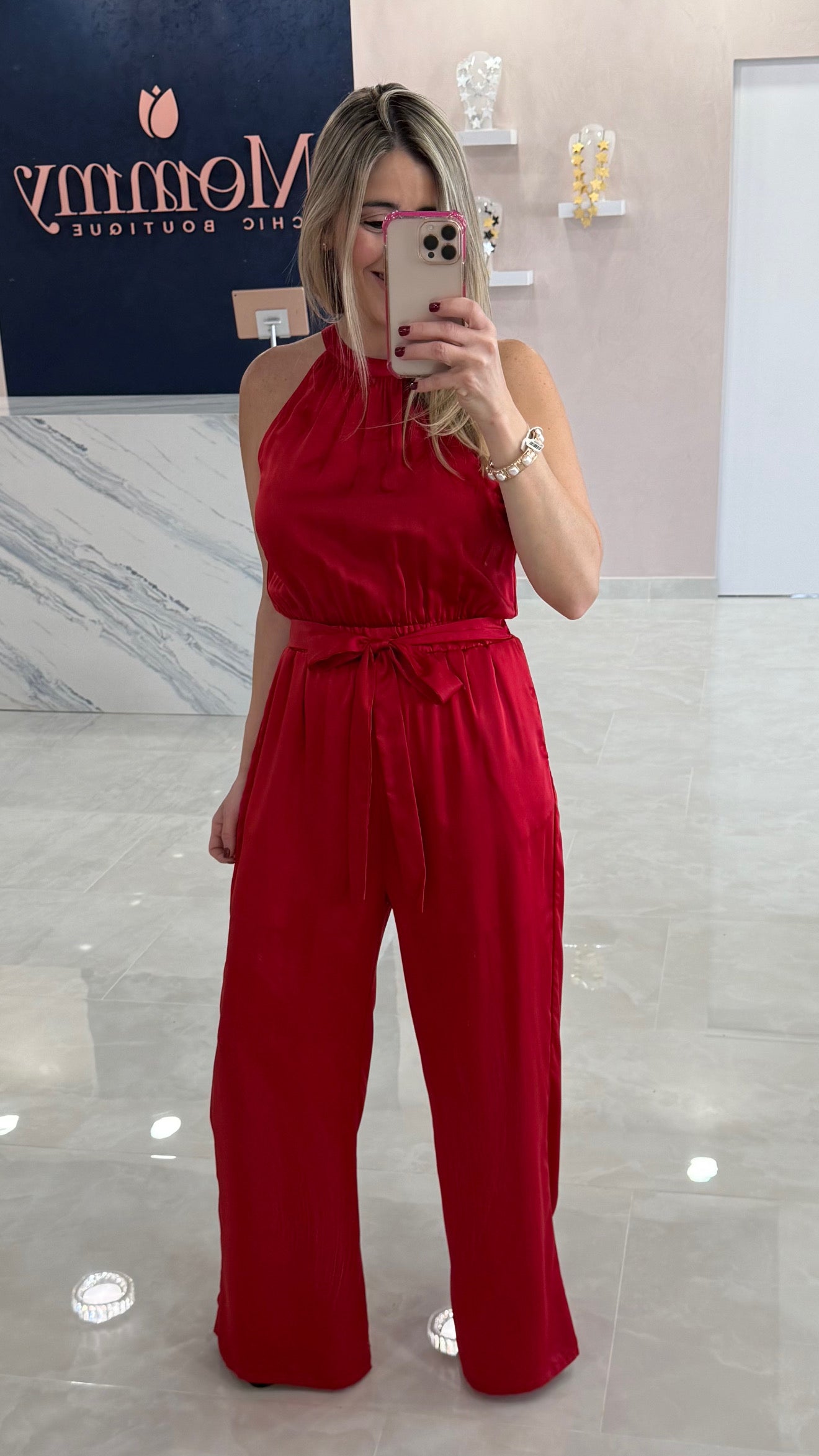 Satin Sleeveless Jumpsuit Red