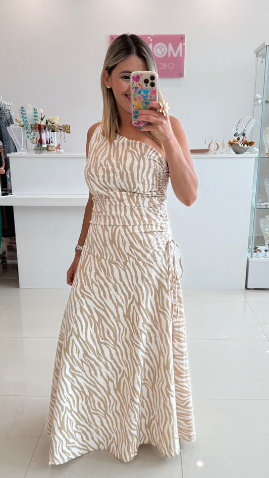 Printed One Shoulder Maxi Dress  Taupe
