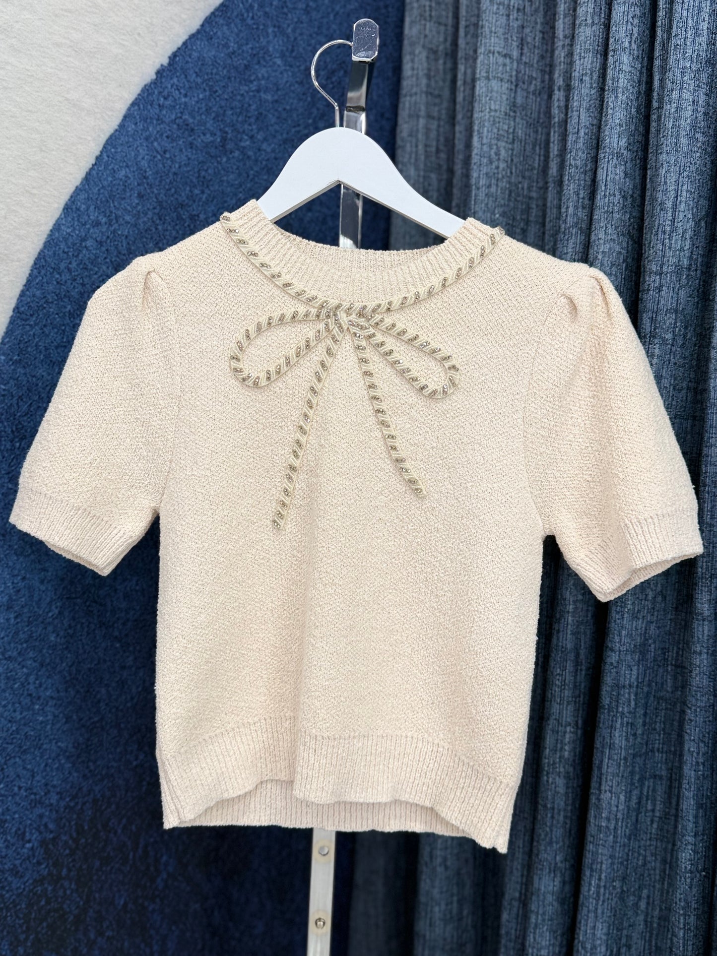 Bow Beaded & Rhinestone Sweater Top