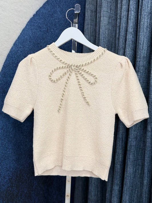 Bow Beaded & Rhinestone Sweater Top