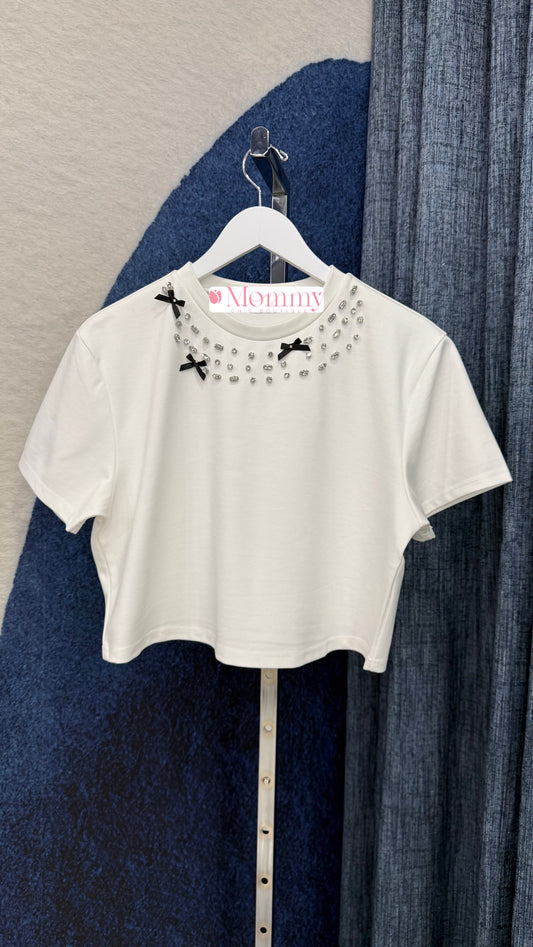 Rhinestone Neck Top White