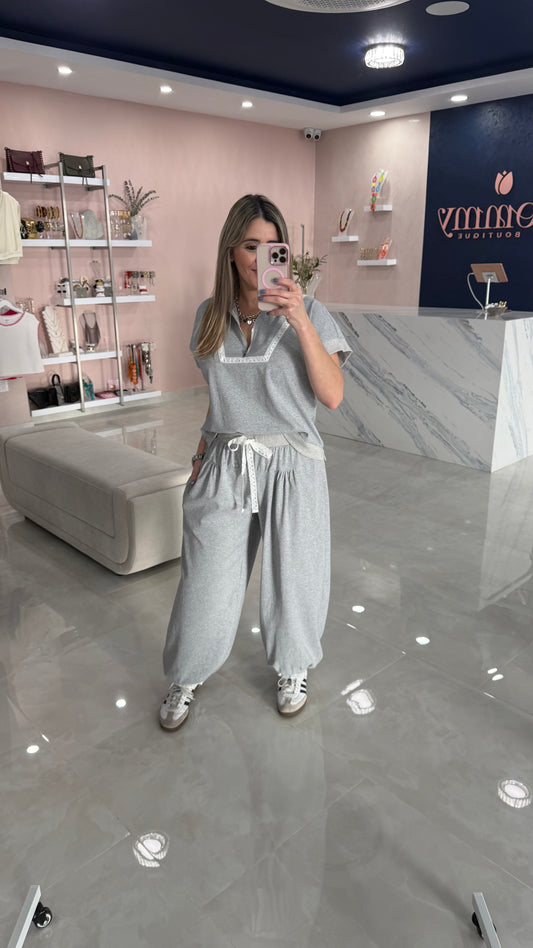 Lace Detail Top & Jogger Pant Set Gray