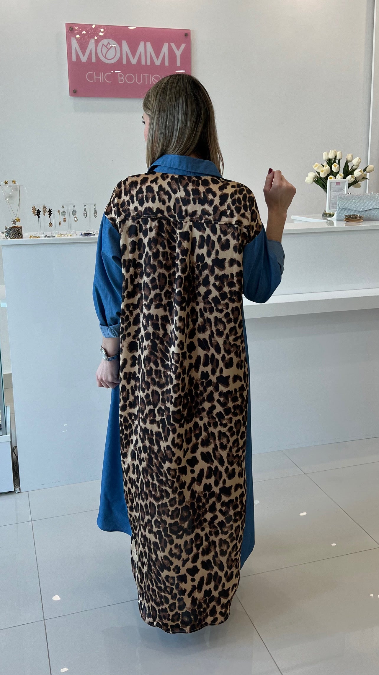 Long Sleeve Maxi Dress Tencel With Leopard