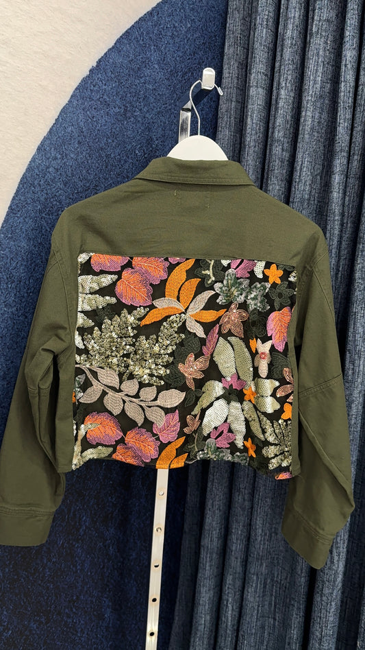 Sequins & Mesh Denim Jacket Olive