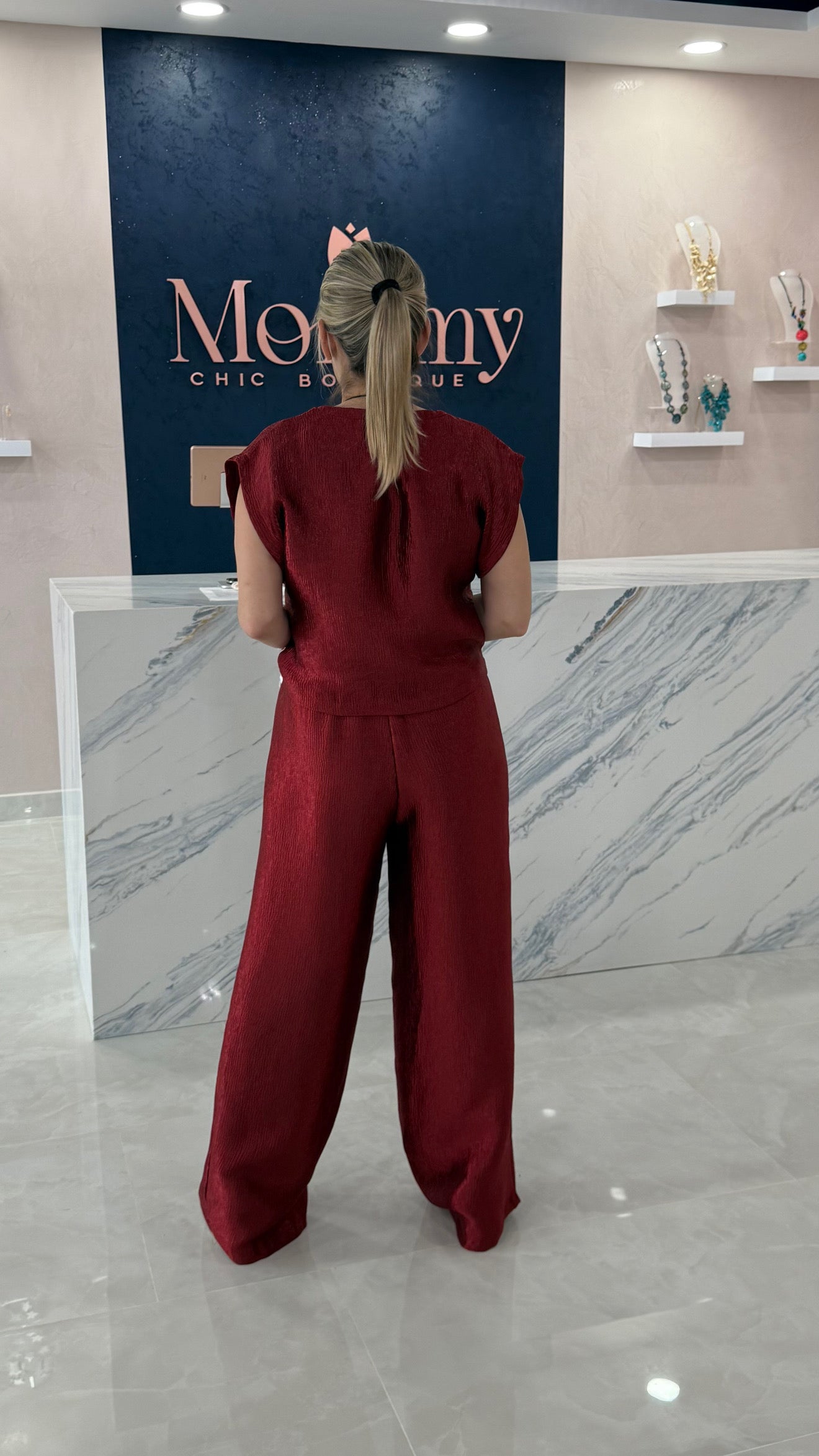 Textured Top & High Waist Pant Burgundy